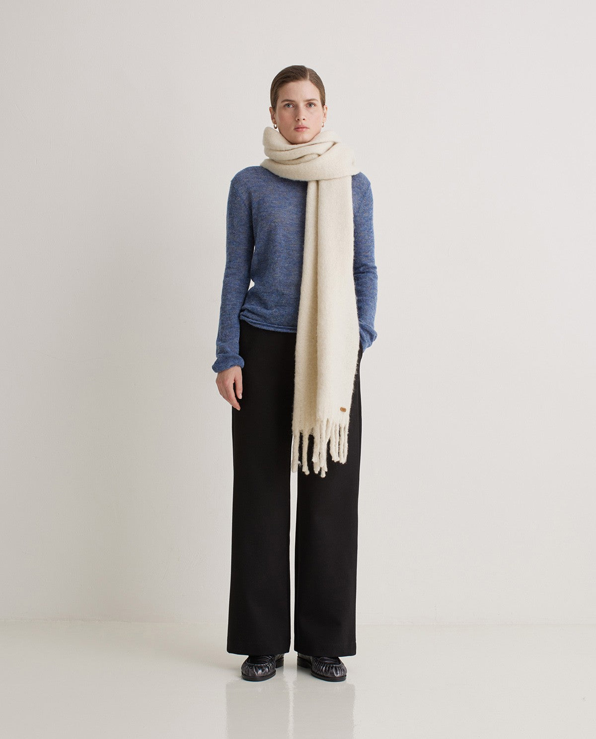 Wool-blend maxi scarf with fringe