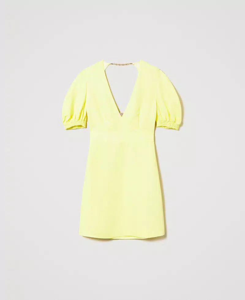 Short linen blend dress with balloon sleeves