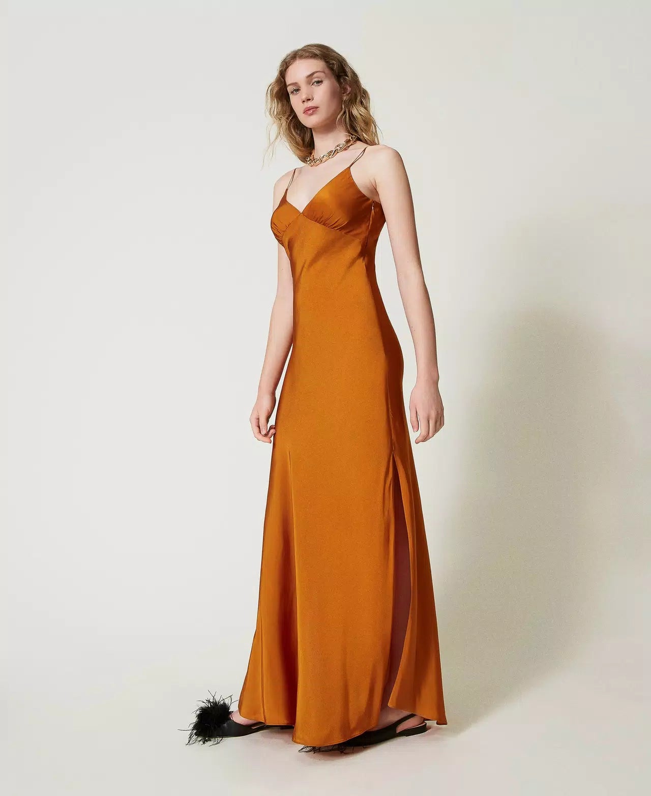 Long satin dress with thin shoulder straps