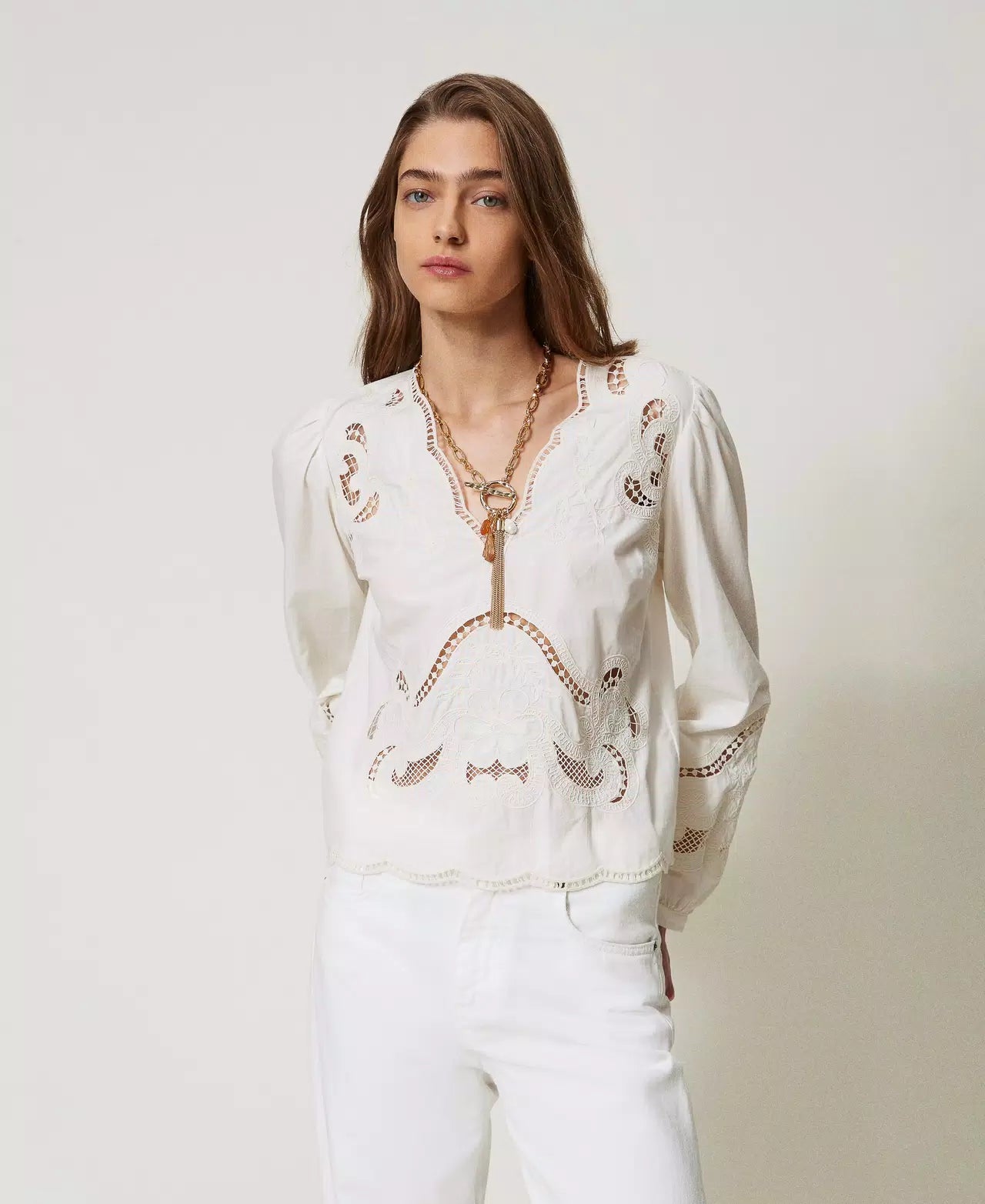 Blouse with openwork embroidery