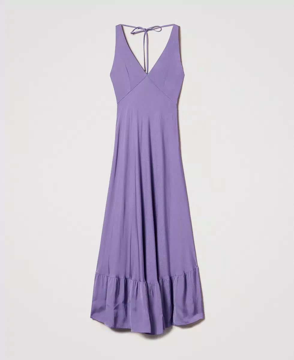 Long satin crepe dress with flounce