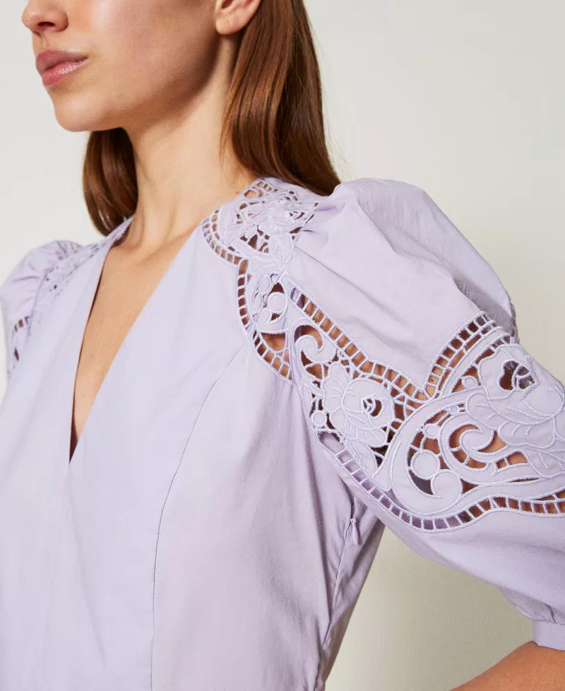 Long dress in broderie anglaise poplin