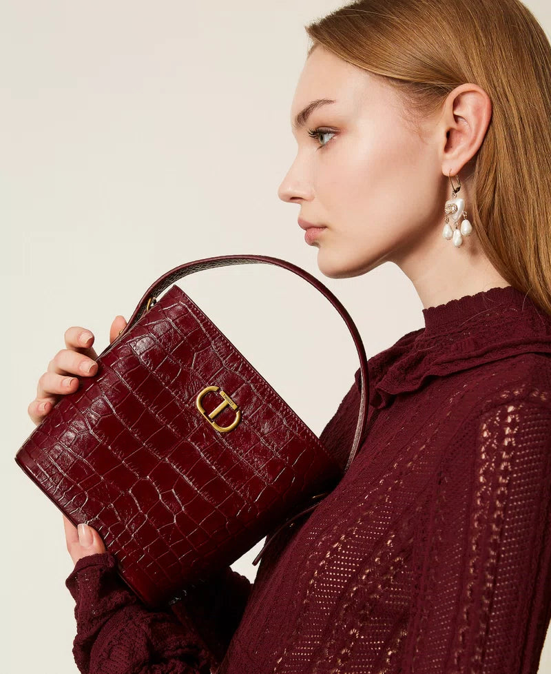 Crocodile print leather bucket bag