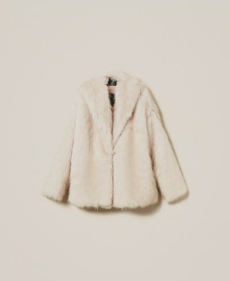Faux fur pea coat with hood