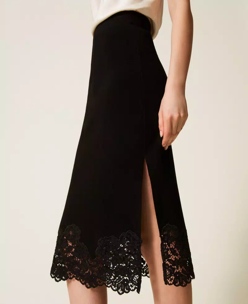 Knit midi skirt with lace
