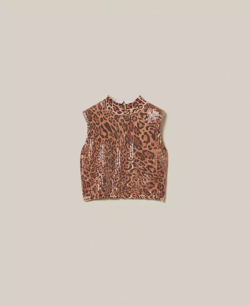 Animal print knit top with sequins