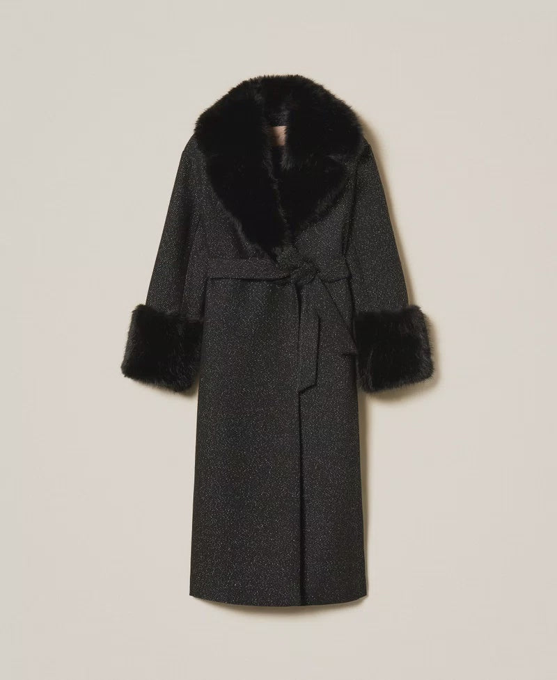 Long wool cloth coat with faux fur
