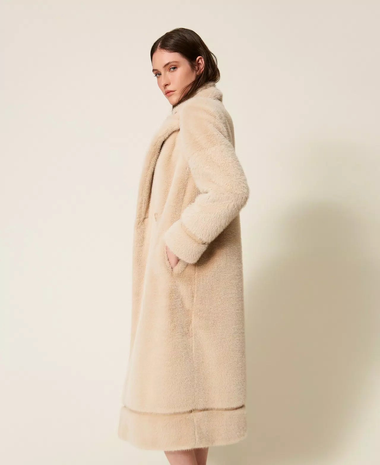 Double-breasted faux fur coat