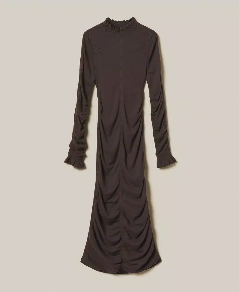 Long knit dress with gathering