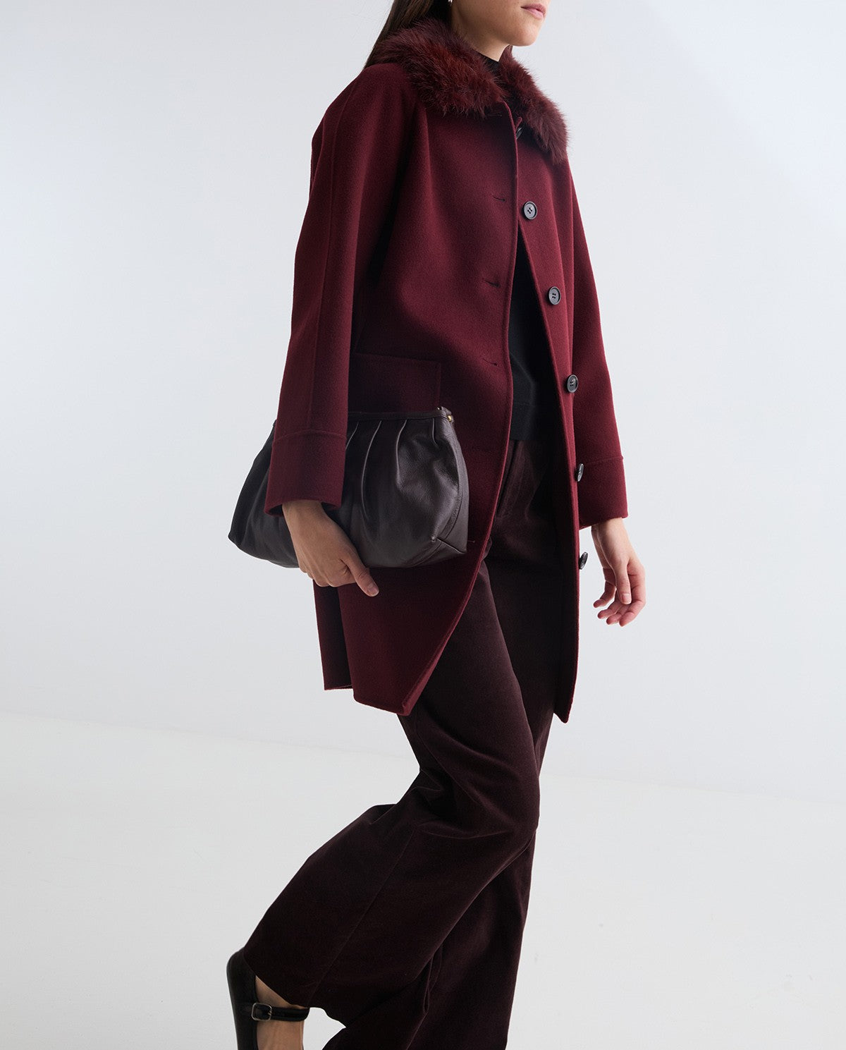 Handmade wool coat fur collar burgundy