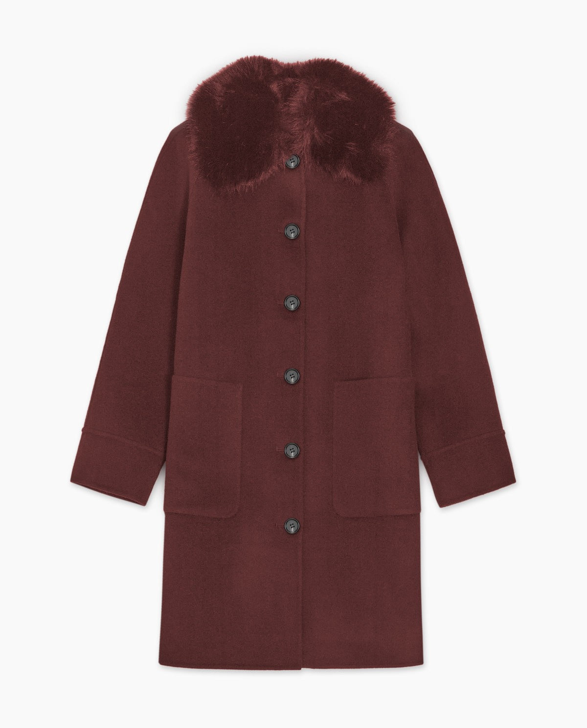 Handmade wool coat fur collar burgundy