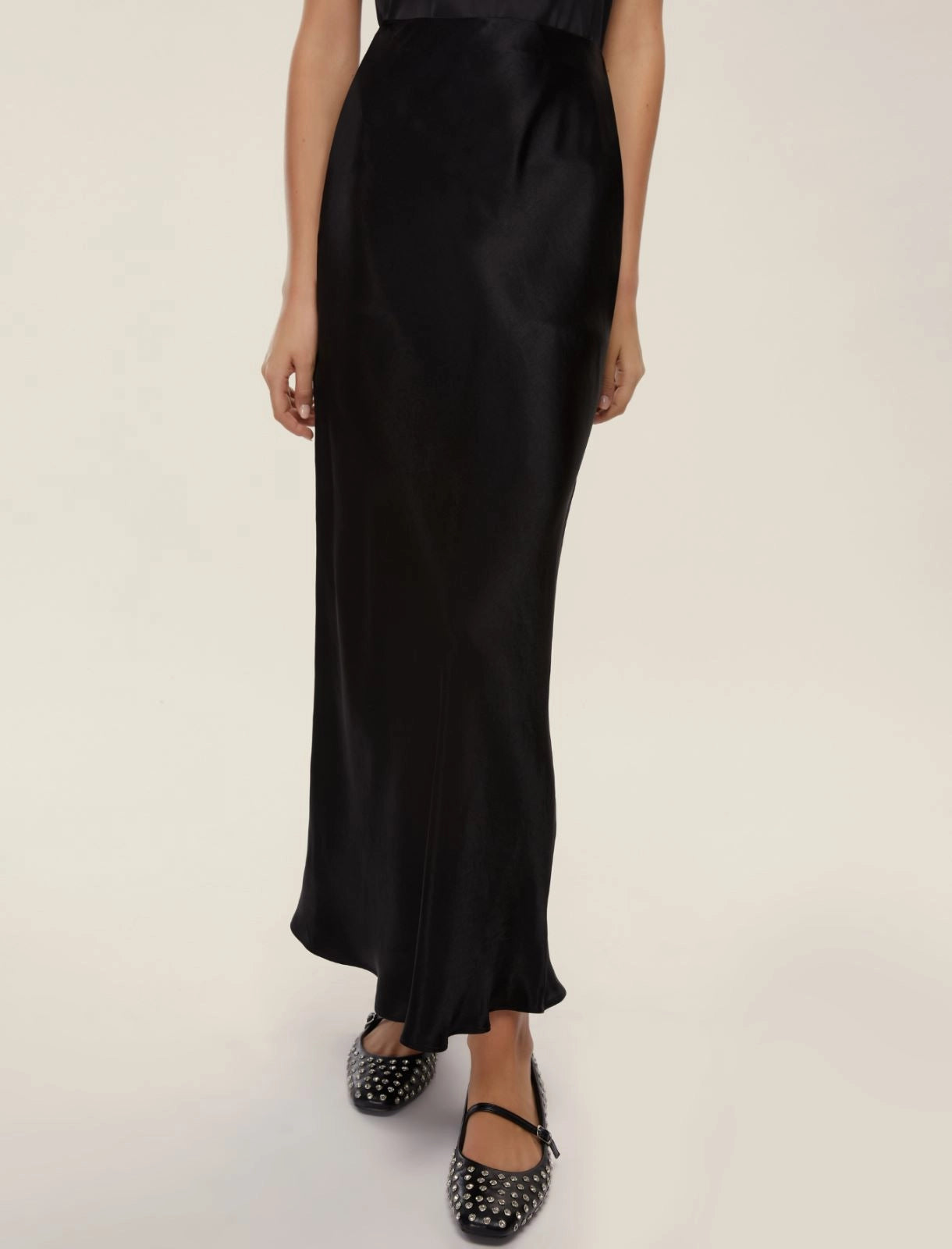 Crinkle black satin skirt