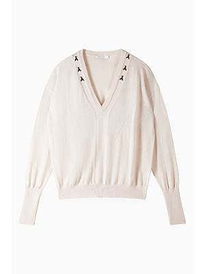 V neck wool sweater with rivets